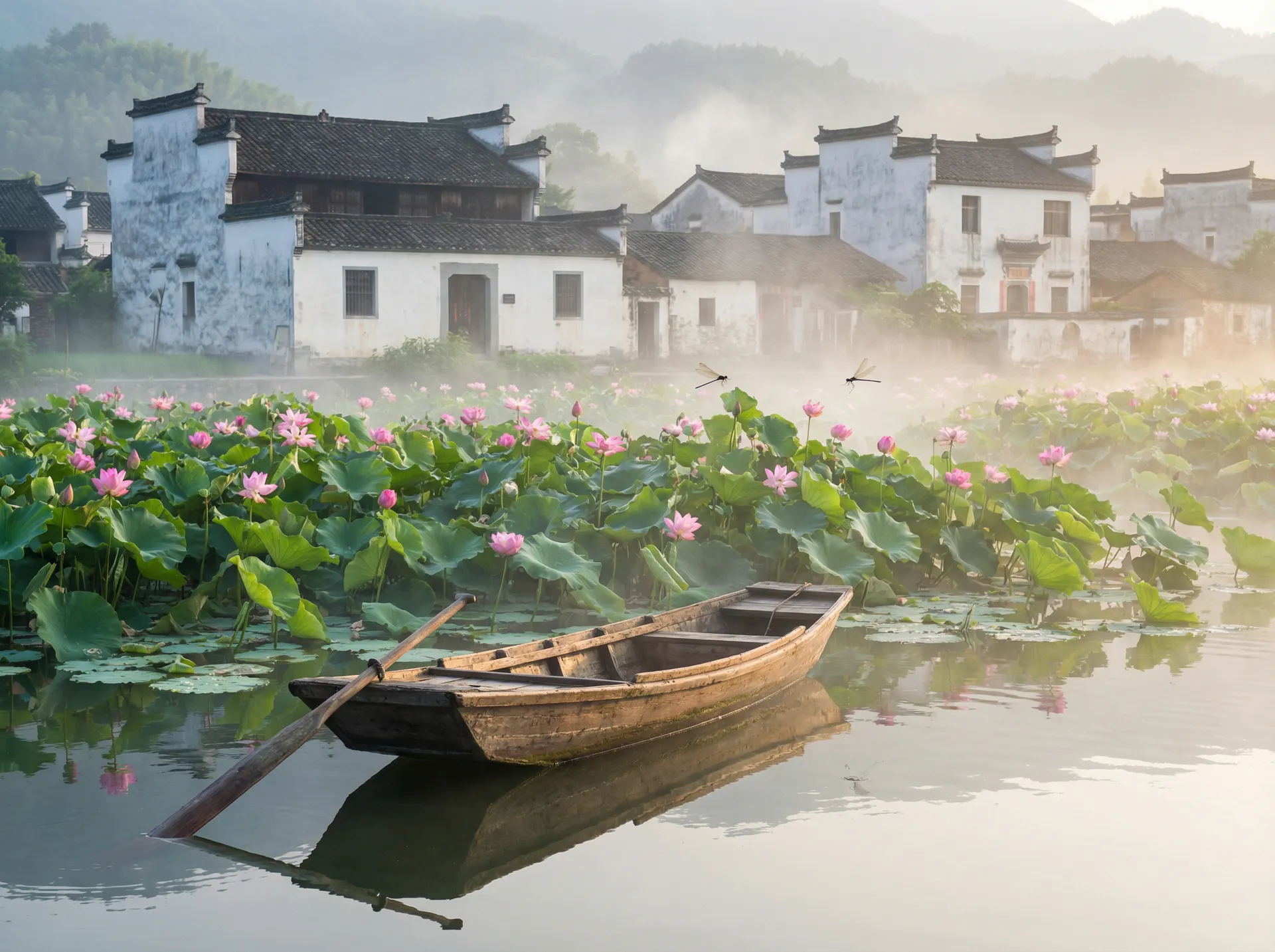 清晨荷塘小舟，粉色荷花盛开，白墙黑瓦的村庄 - 尸家重地 水乡风情